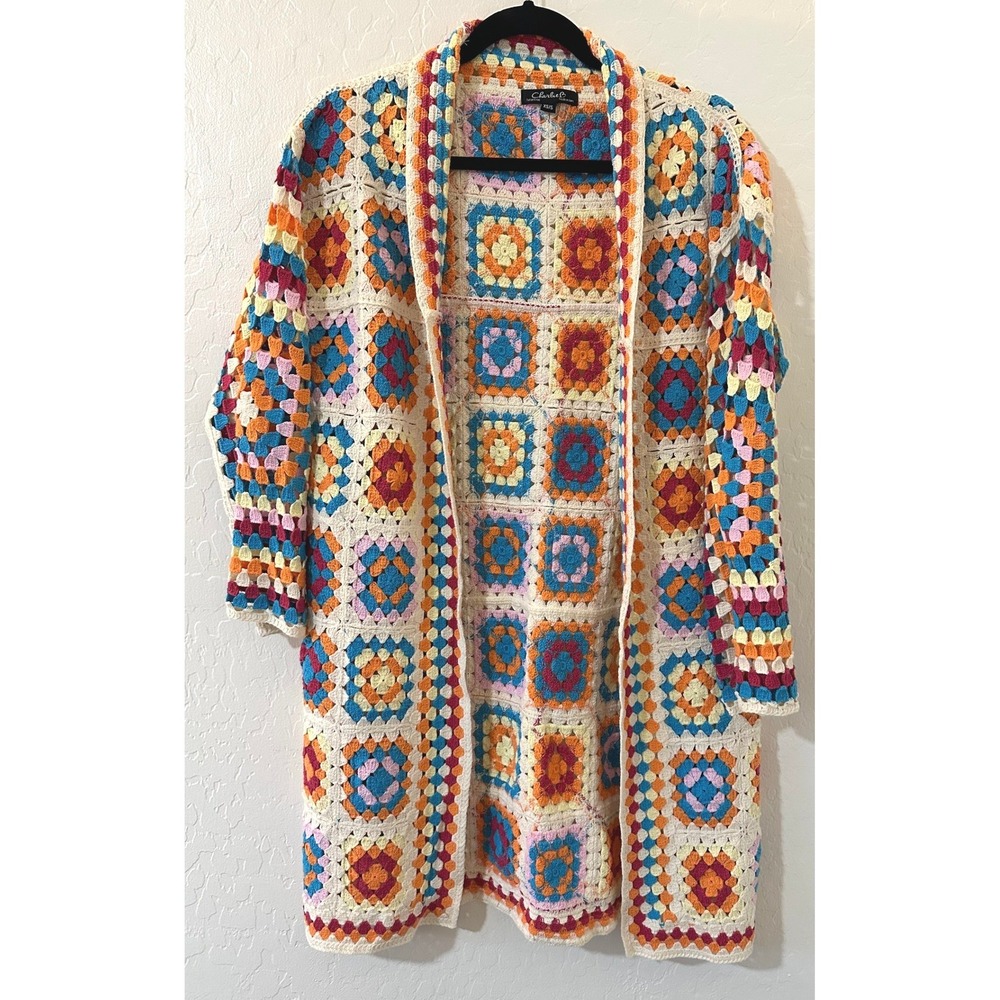 Charlie B Crochet Granny Square Patchwork Cardigan Duster Boho Festival XS/S 70s